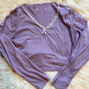 SHEIN Lavender Ribbed Long Sleeve Lace Crop Top Ladies Small